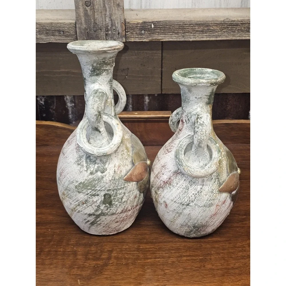 Vintage Mexican Terracotta Pottery Collectible Vases With Brass Embelishment 2pc